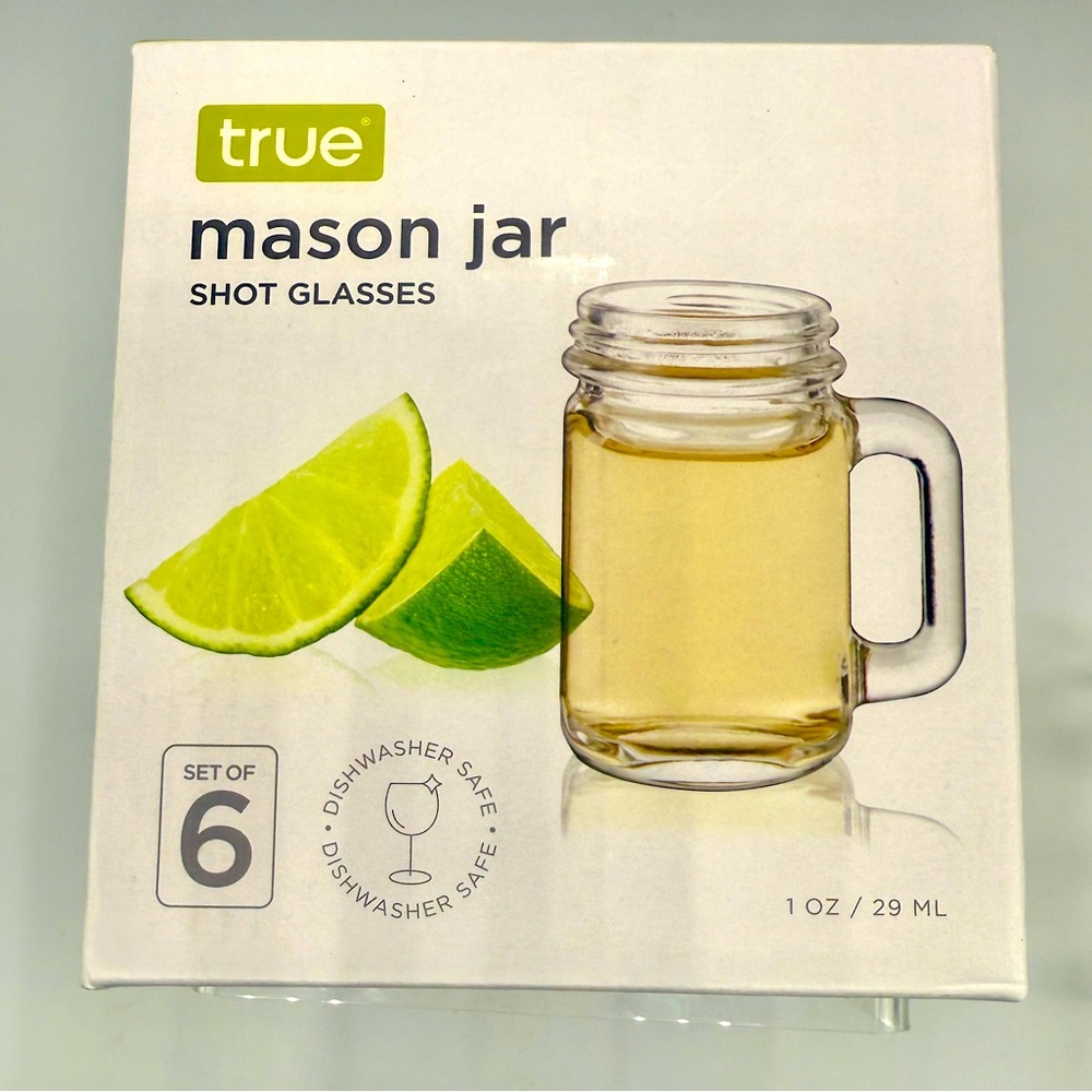 NEW 6Pc Miniature Clear Mason Jar Shot Glasses with Handles 3x2”Barware